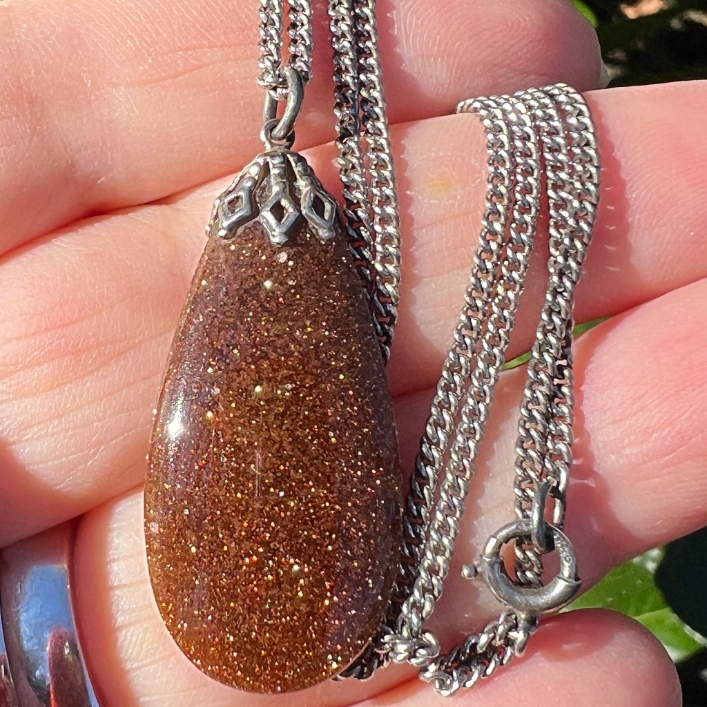 Vintage Large Goldstone / Sandstone Pendant Chain Necklace 925 Sterling Silver